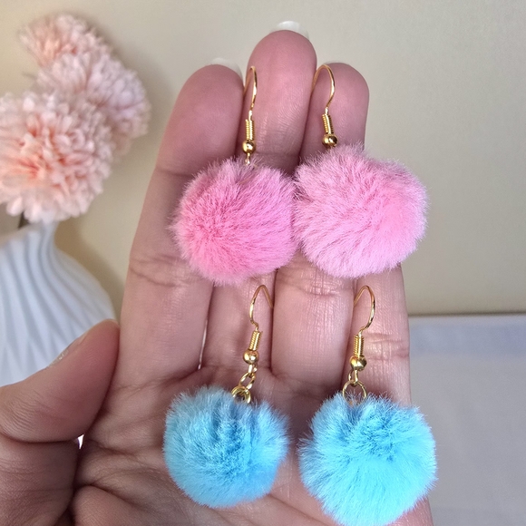 2 Pairs Pink and Blue Pom Pom Earrings - Picture 9 of 9